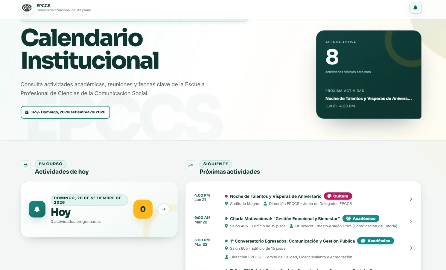 Vista del Calendario Institucional EPCCS